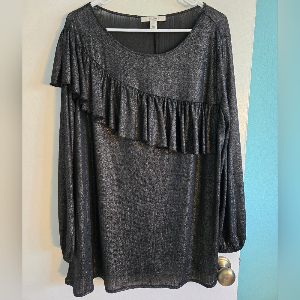 Sejour Metallic Black Ruffle Long-Sleeve Top Size 1X